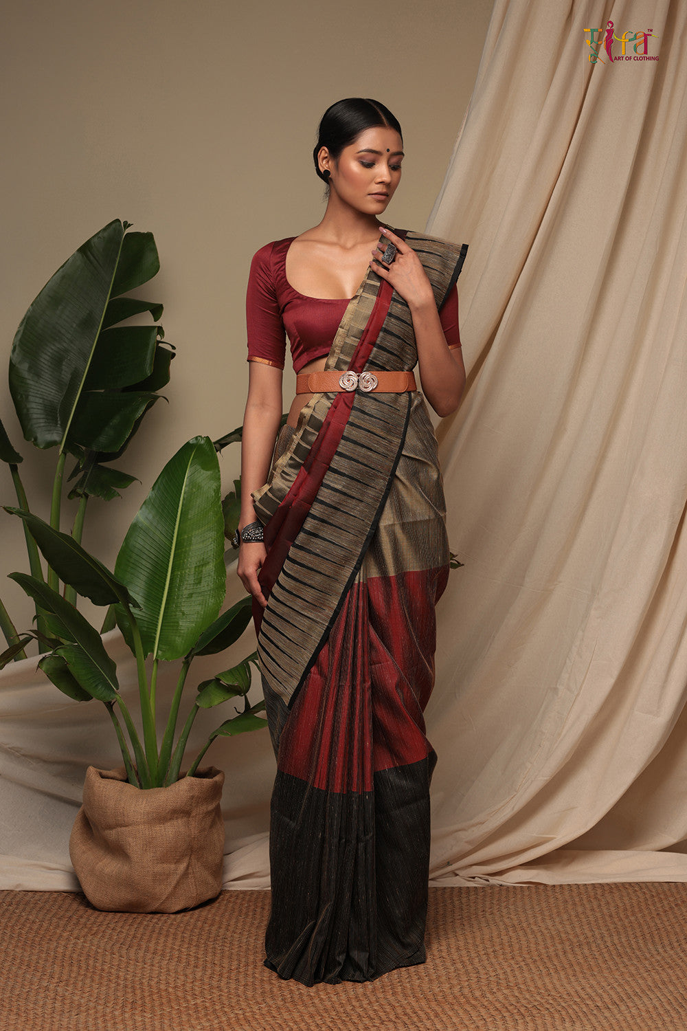 Handloom Sangria Red & Black Pure Silk Kanchi Contemporary Saree