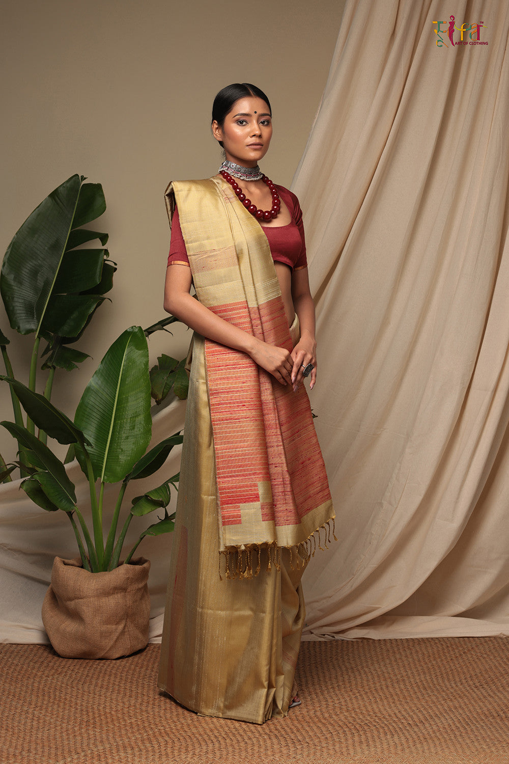 Handloom Bronze Brown Pure Silk Kanchi Contemporary Saree