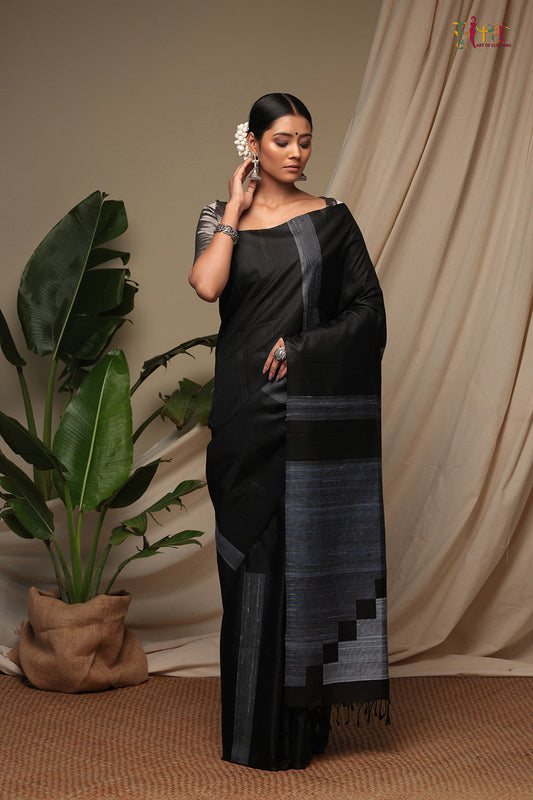 Handloom Carbon Black Pure Silk Kanchi Contemporary Saree