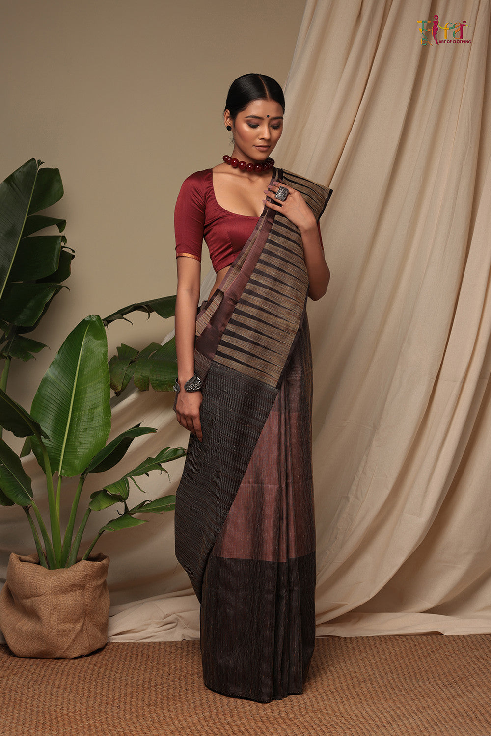 Handloom Chocolate Brown Pure Silk Kanchi Contemporary Saree