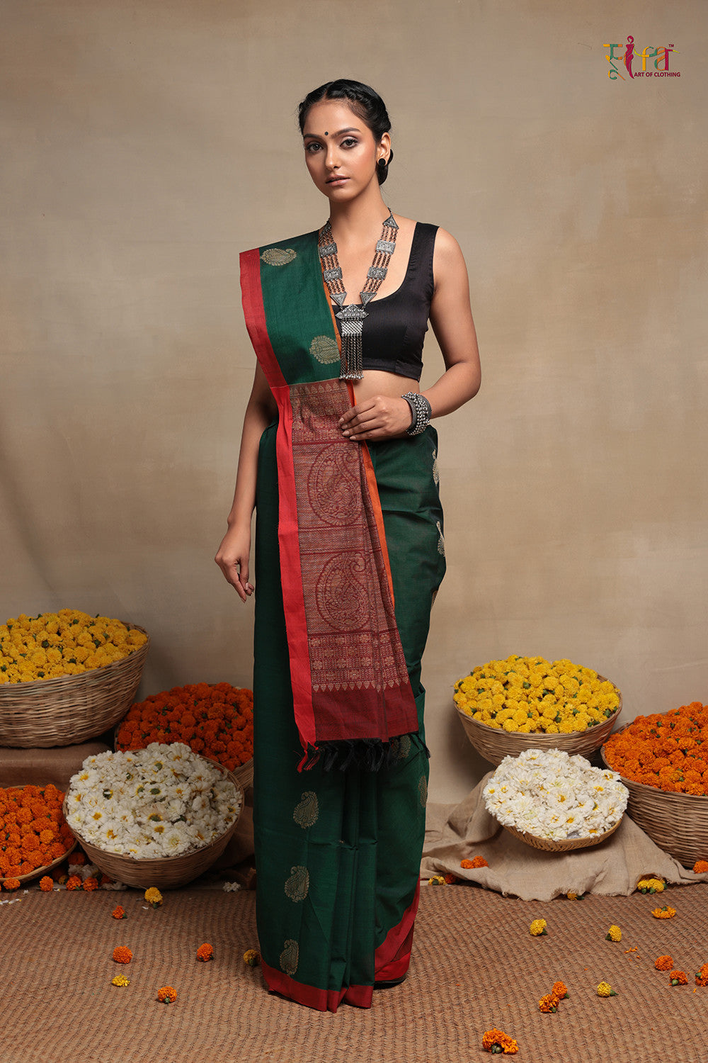 Dark Green Handloom Cotton Kanchi Saree