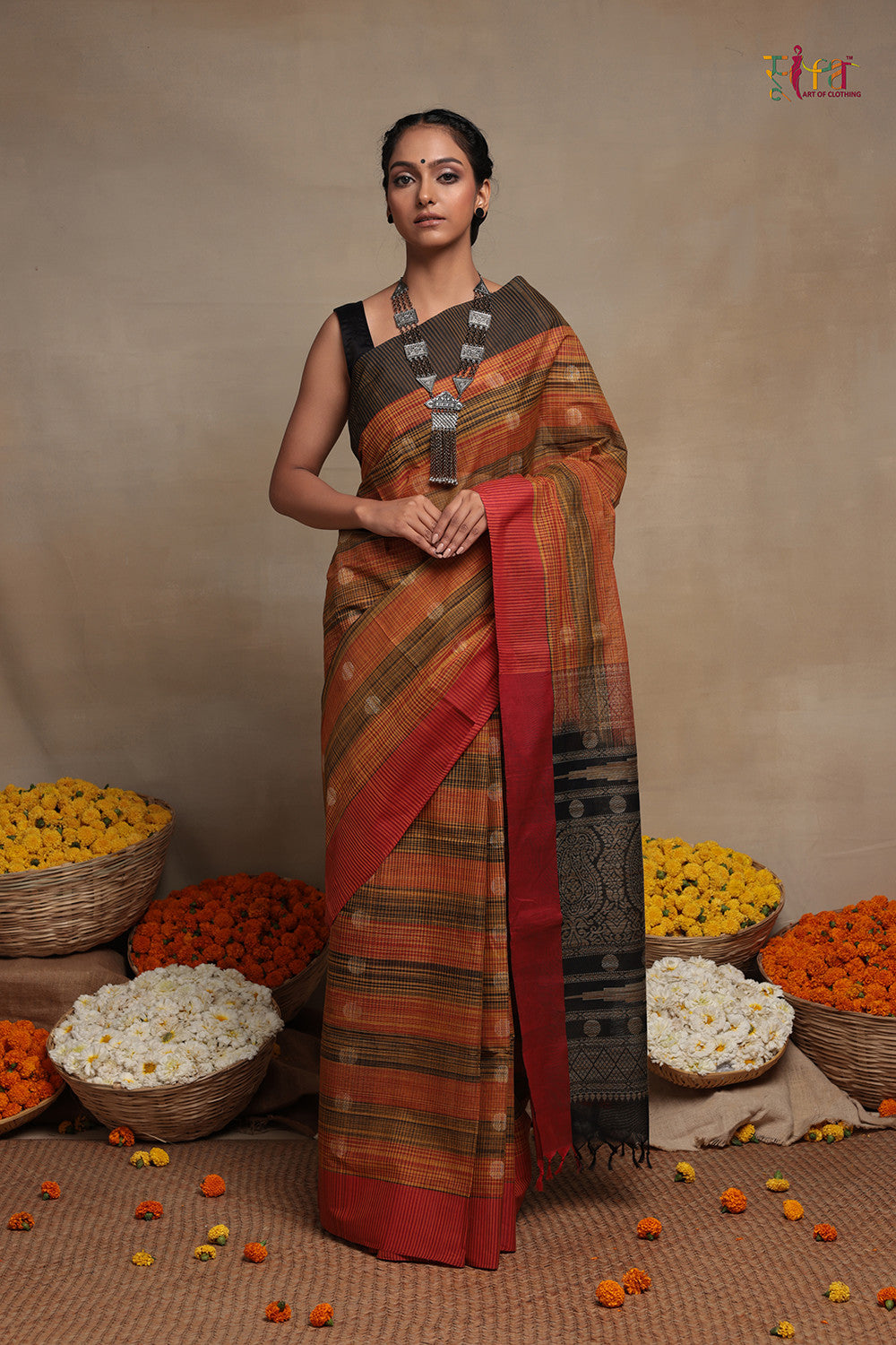 Orange And Black Pure Cotton Handloom Kanchi Saree