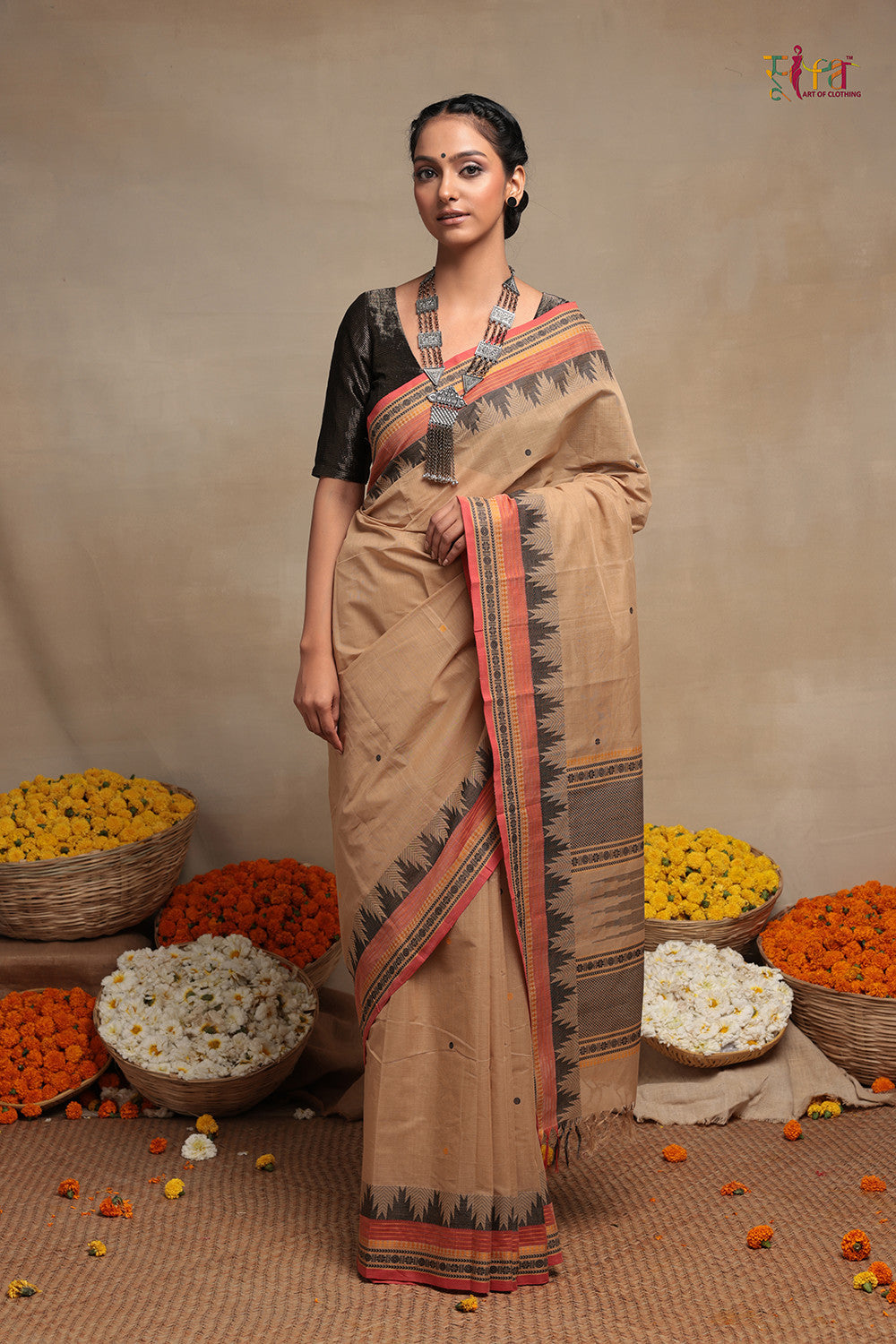 Light brown handloom pure cotton  Kanchi Saree