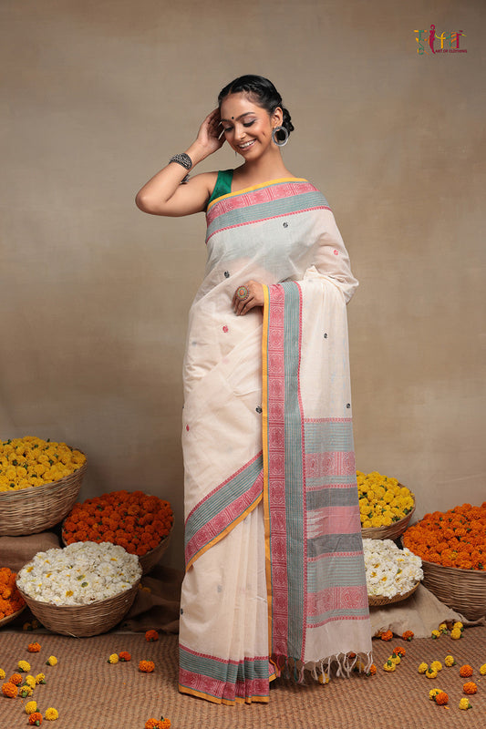 Handloom Cream pure Cotton Kanchi Saree