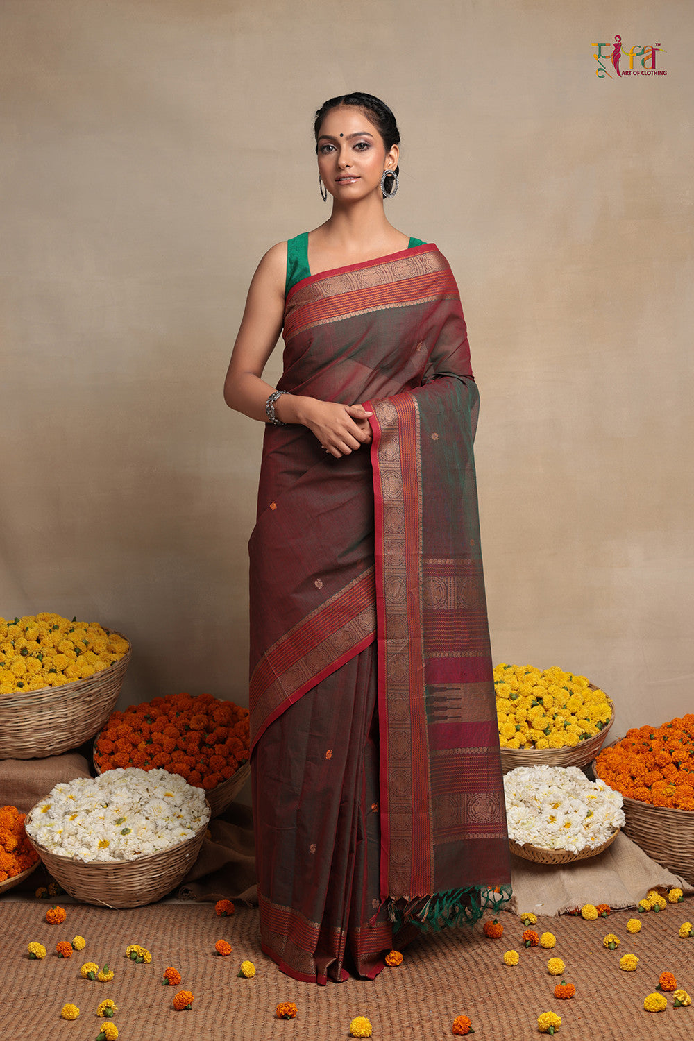 Handloom Green Brown Pure Cotton Kanchi Saree