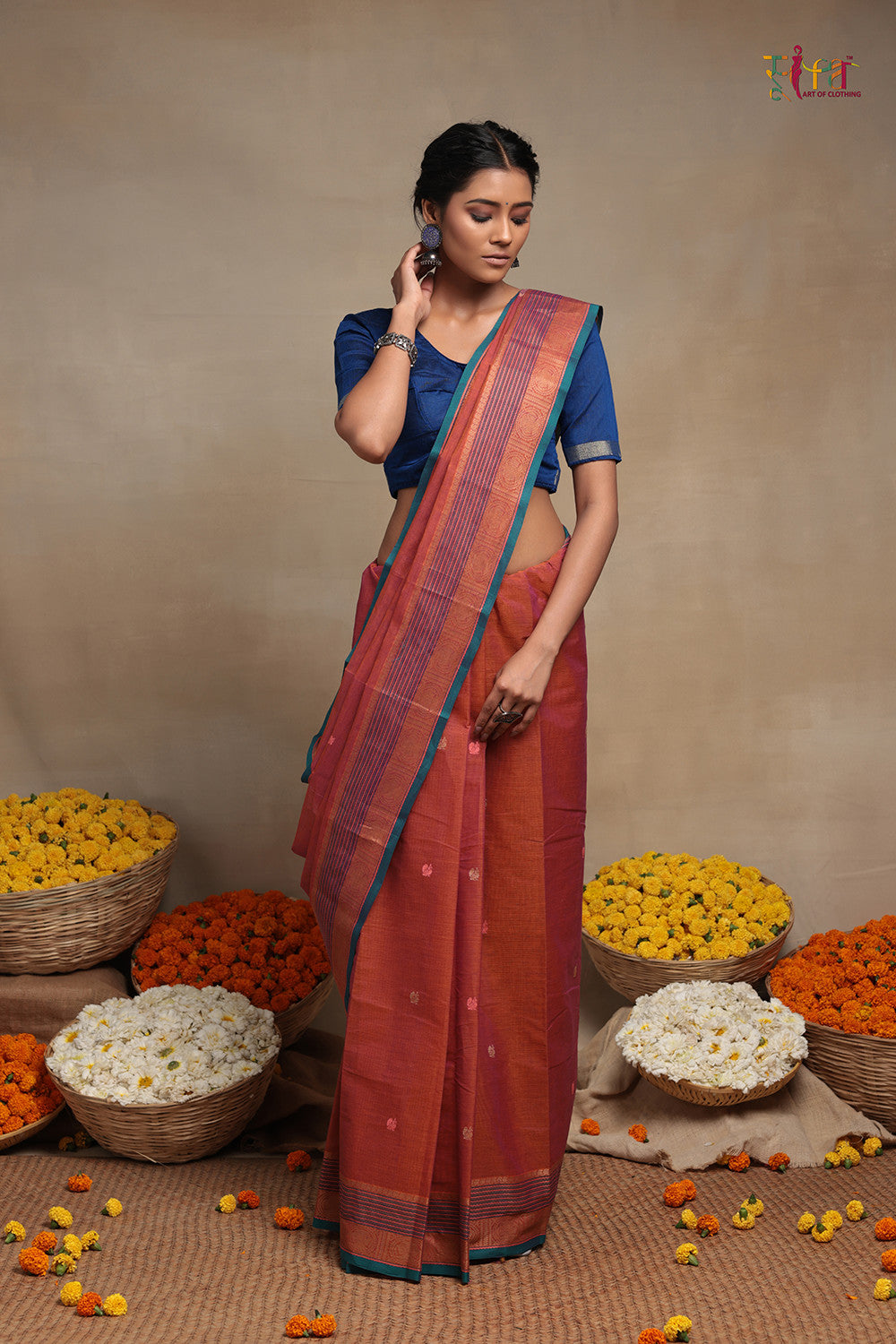 Handloom Fire Orange Pure Cotton Kanchi Saree