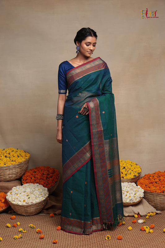 Handloom Green Pure cotton Kanchi Saree