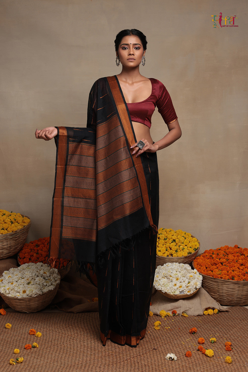 Handloom Black Pure Cotton Kanchi Contemporary Saree