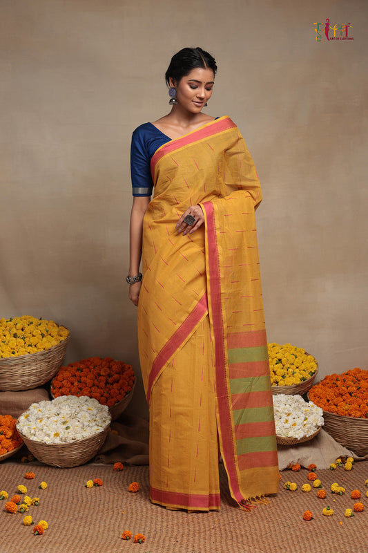 Handloom Sunglow Yellow Pure Cotton Kanchi saree