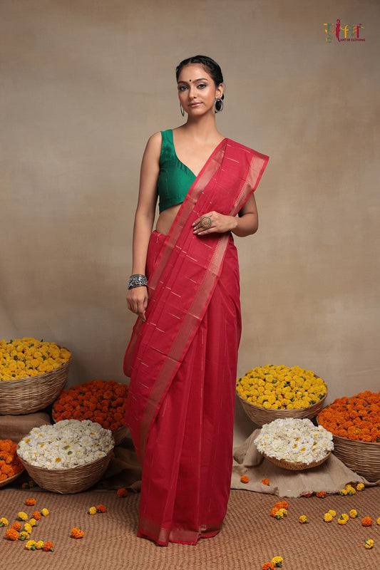 Handloom Raspberry Red Pure Cotton Kanchi Saree