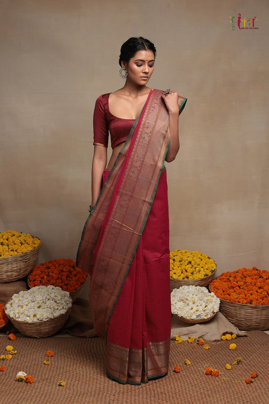 Hnadloom Magenta pure Cotton Kanchi Saree