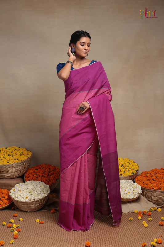 Handloom Rose Pink pure Cotton Kanchi Saree