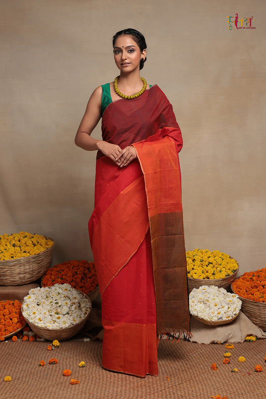 Handloom red and orange pure Cotton Kanchi Saree