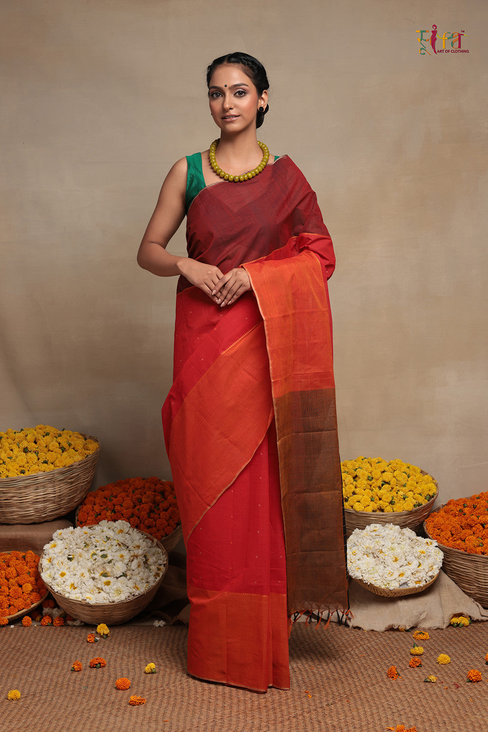 Handloom Red And Orange Pure Cotton Kanchi Saree