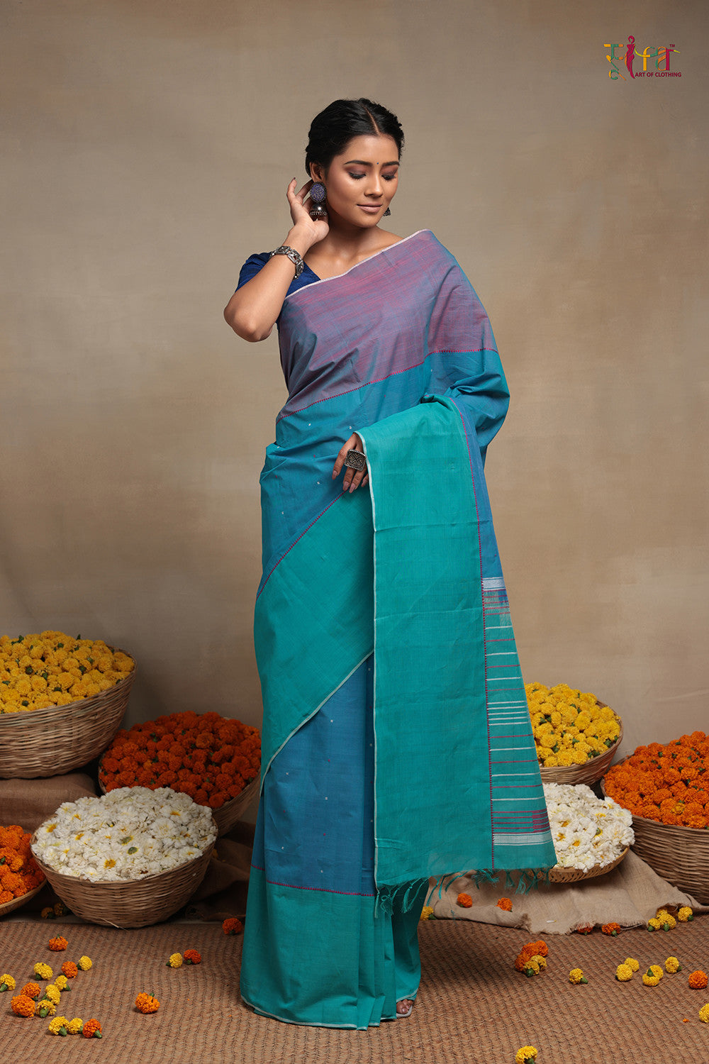 Handloom Vivid Sky Blue pure Cotton Kanchi  Saree