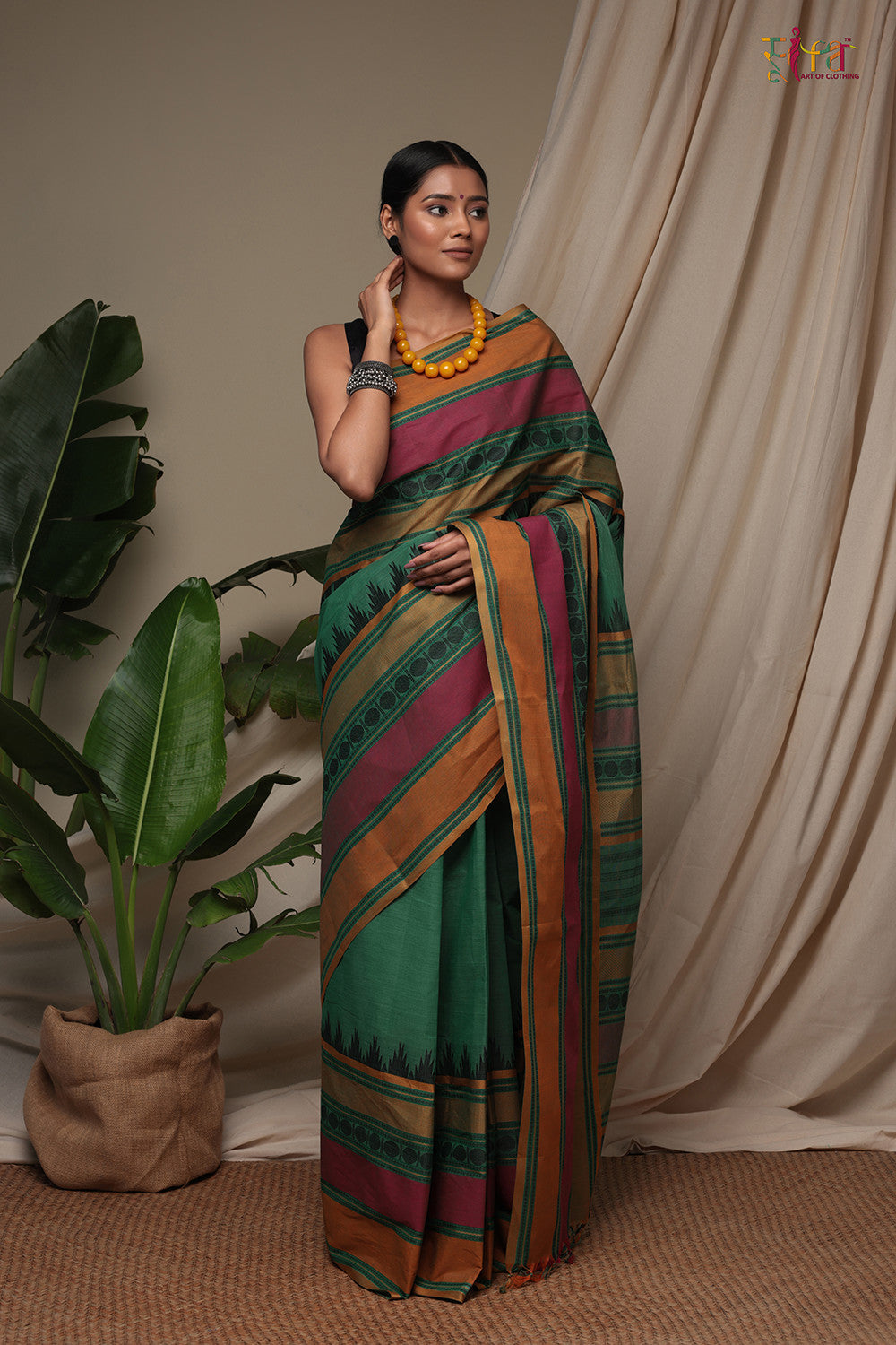 Handloom Green Pure Cotton Kanchi Saree With Multicolour Border