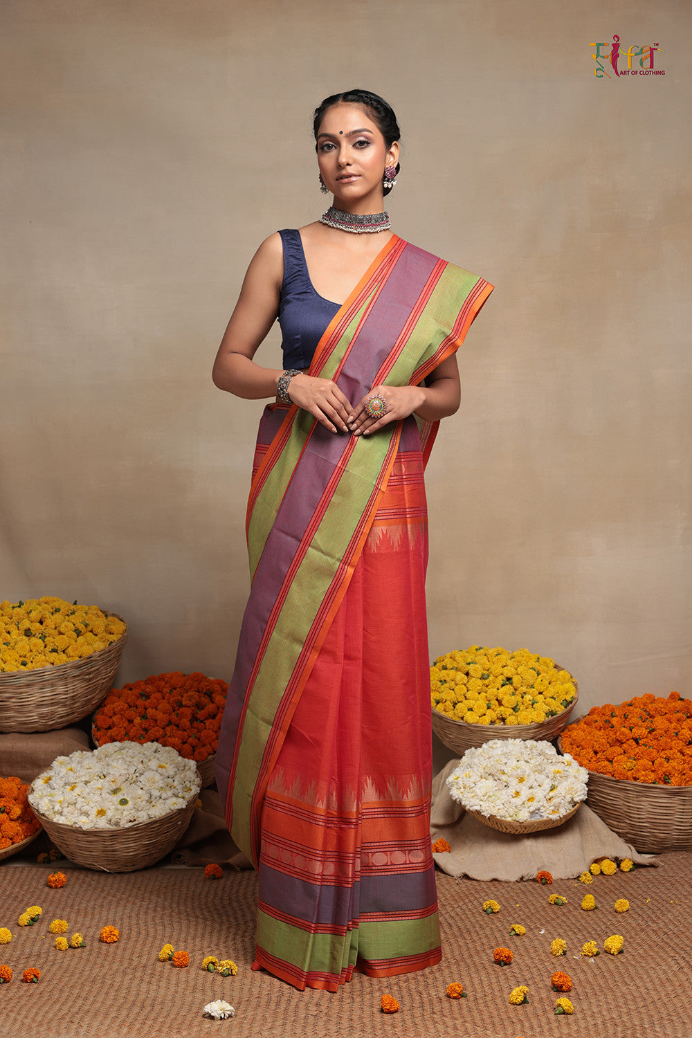 Handloom Royal Orange Pure Cotton Kanchi Saree