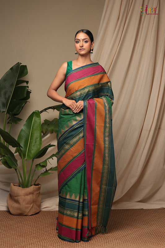 Handloom Spring Green Pure Cotton Kanchi saree with Pink & Orange Border