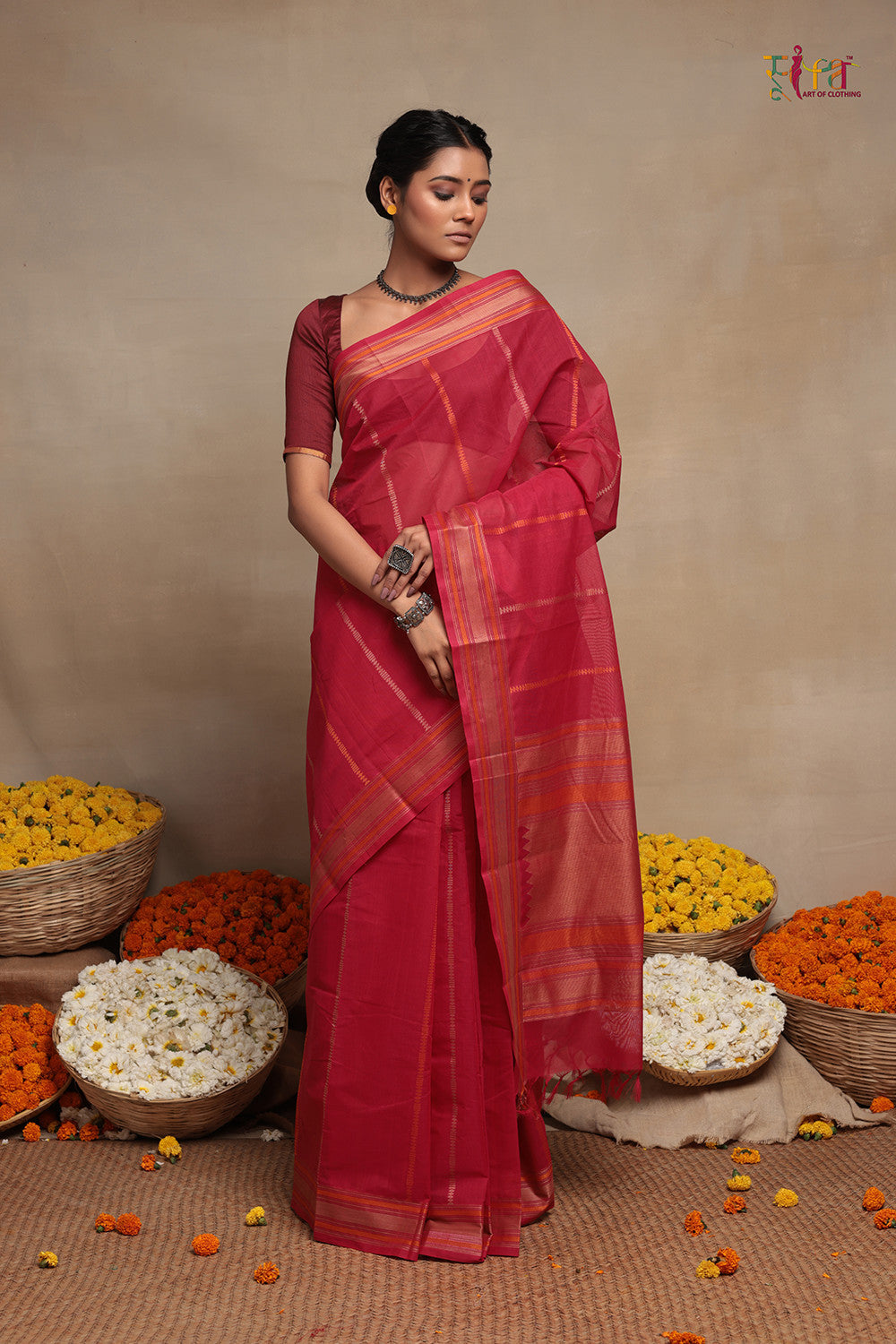 Magenta Handloom Kanchi Saree With Stripes