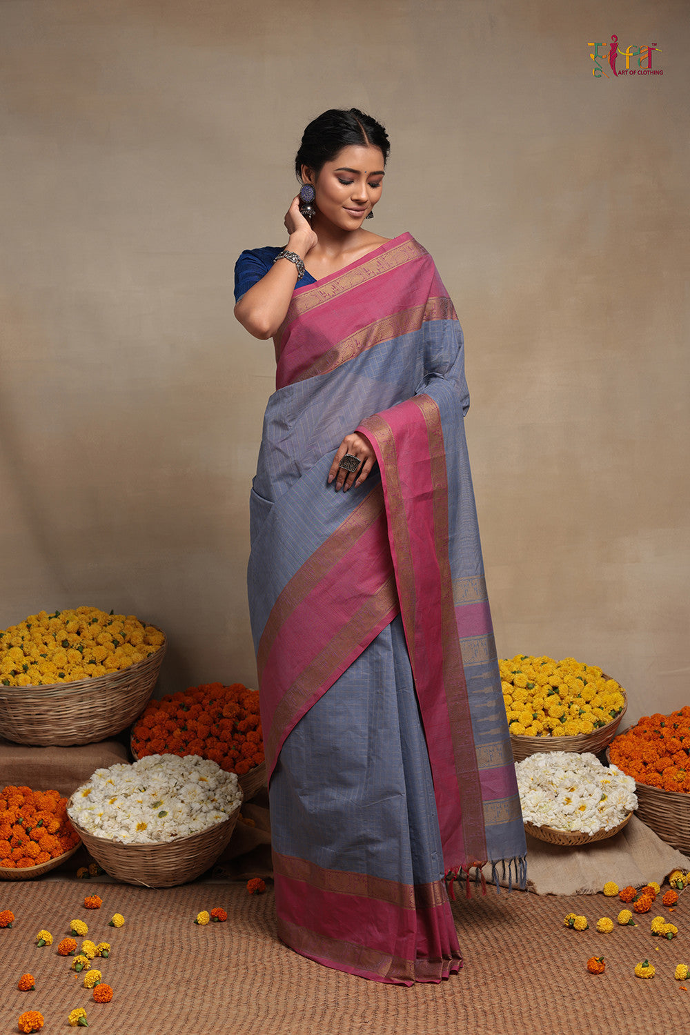 Handloom Grey pure Cotton Kanchi Saree with Rouge Pink Border