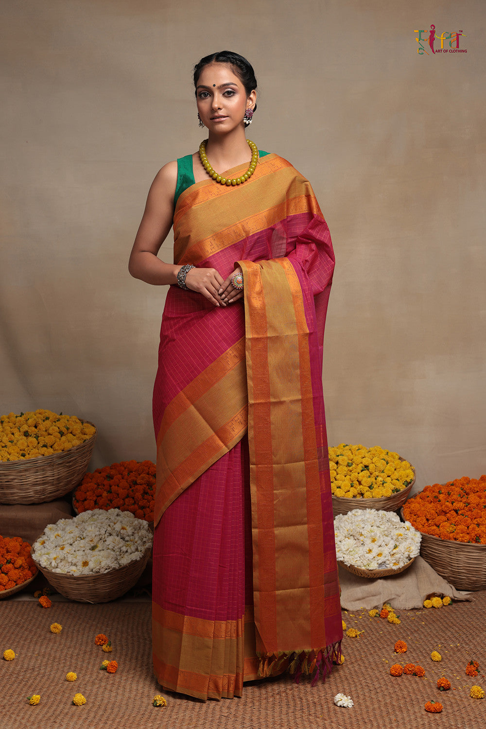 Handloom Hot Pink With Mustard Kanchi Border Pure Cotton Saree