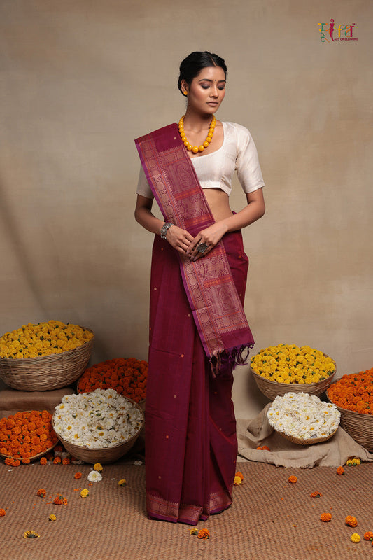 Wine pure cotton handloom Kanchi Saree