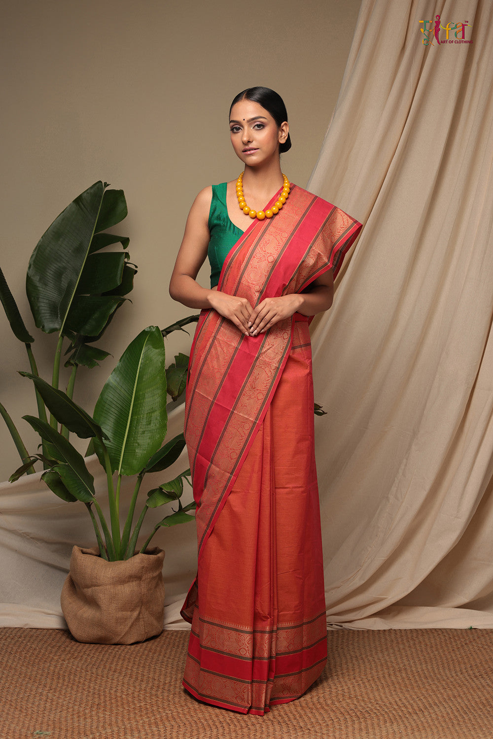 Handloom Coral Red Pure Cotton Kanchi Saree With Generous Border