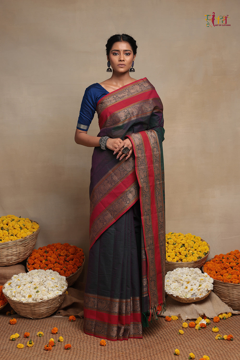 Handloom Dark Green Cotton Kanchi Saree