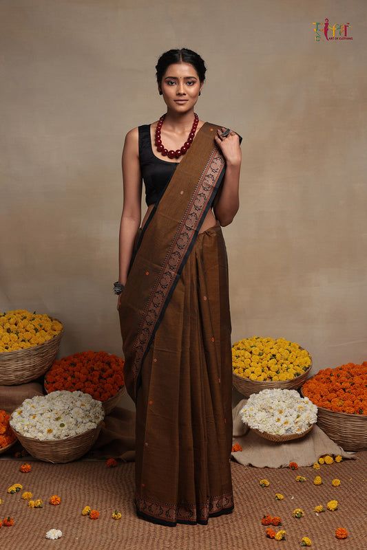 Handloom Mustard Brown Kanchi Cotton Saree