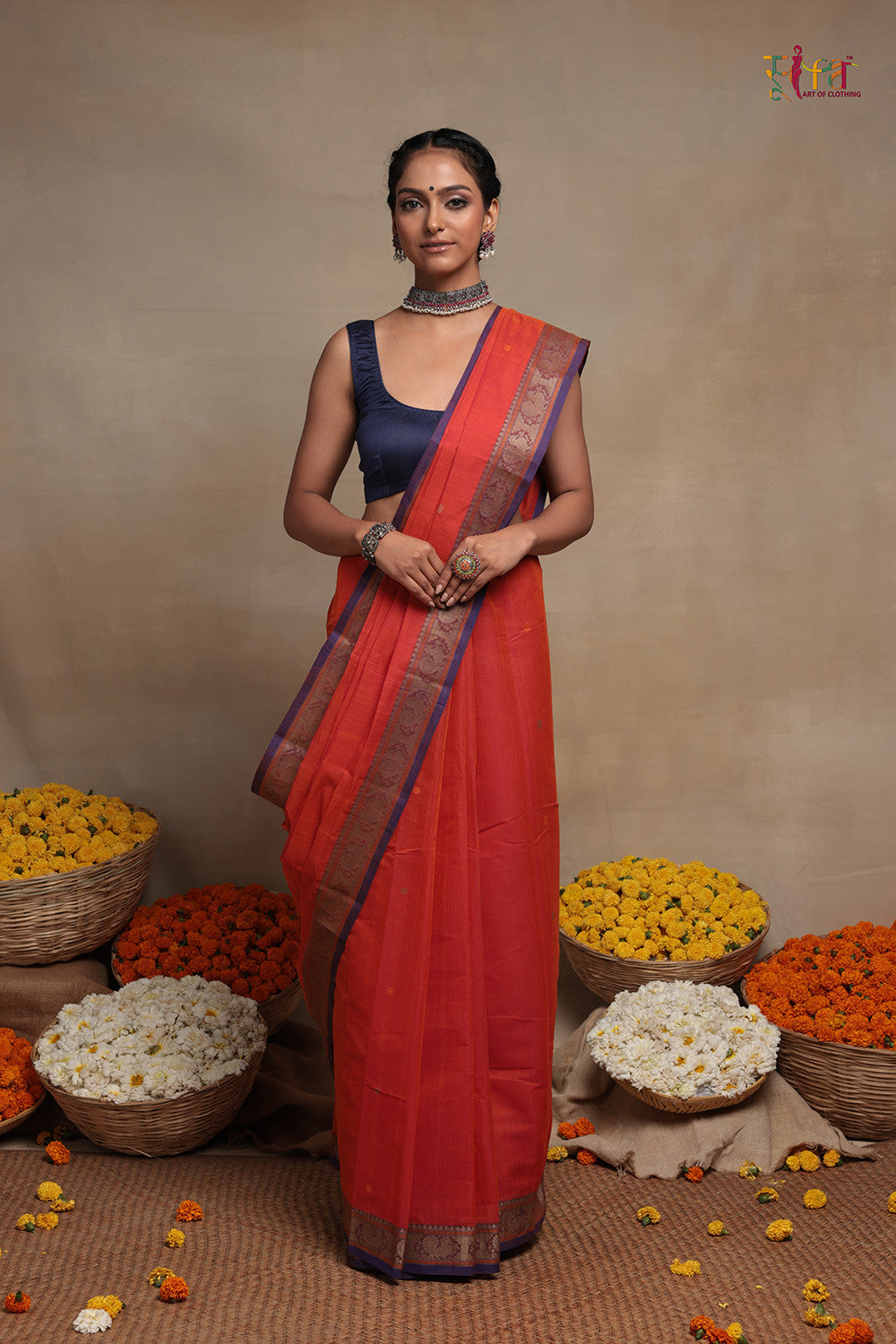 Handloom Firey Orange Kanchi Cotton Saree