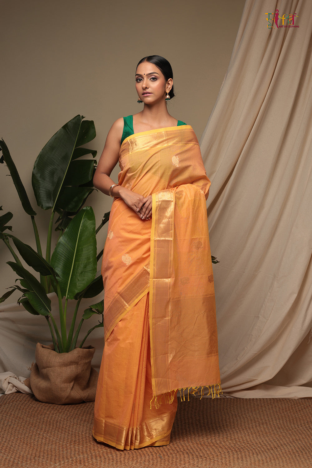 Handloom Amber Orange Pure Cotton Kanchi Saree With Zari Border And Motifs