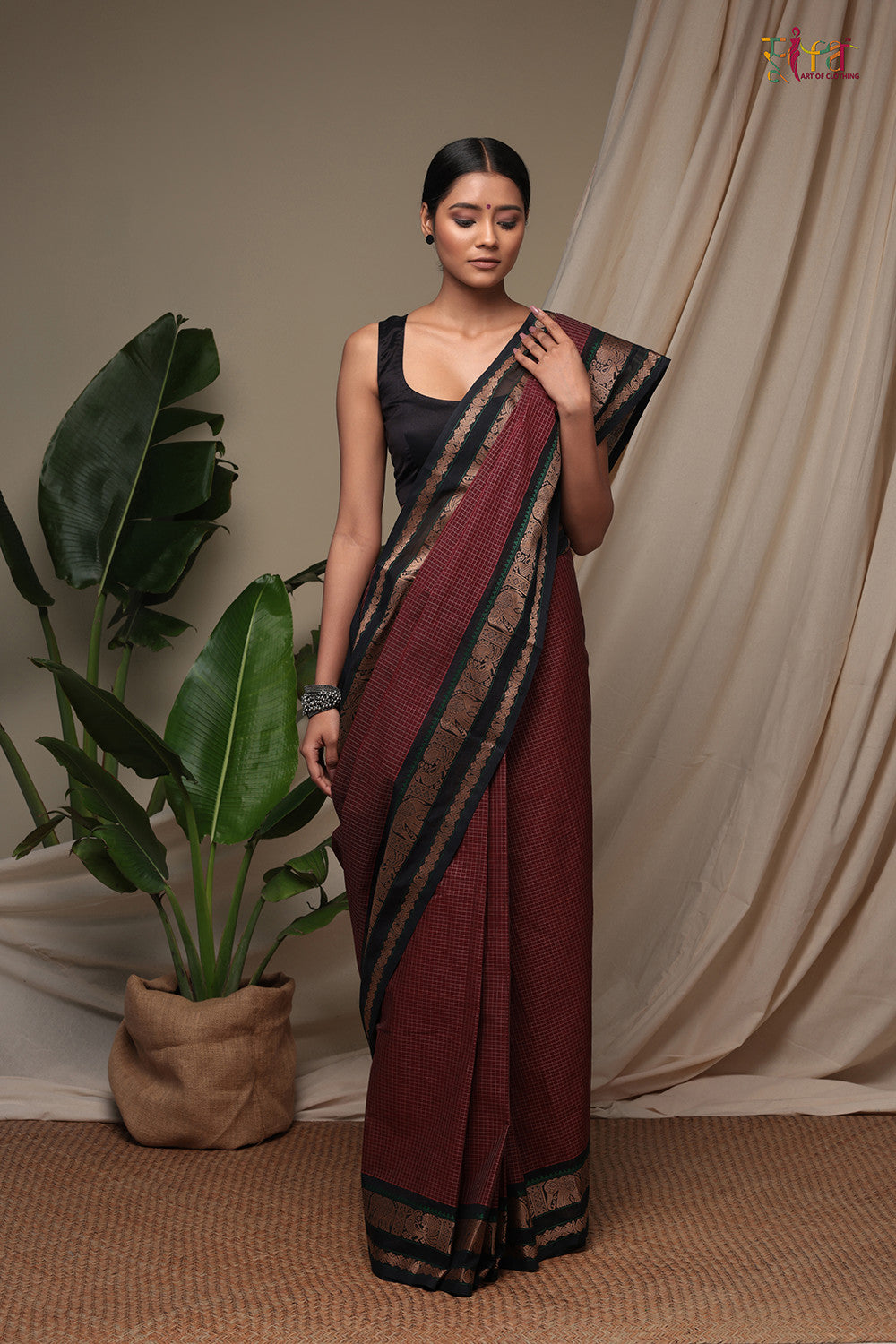 Handloom Rosewood Pure Cotton Kanchi Saree