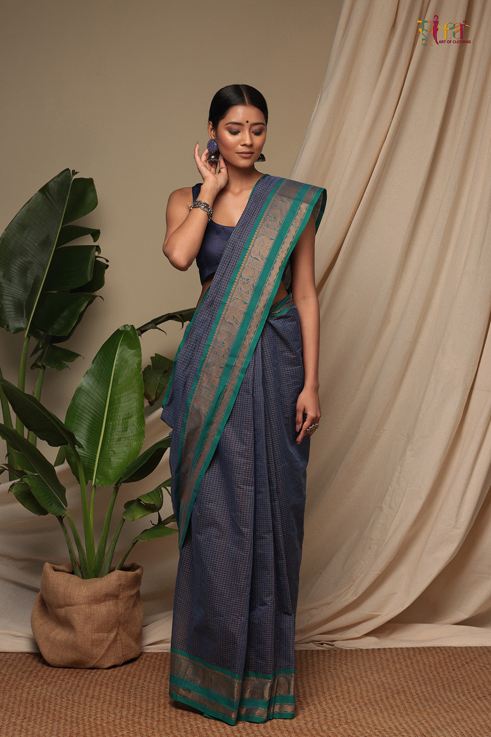 Marine Blue Pure Cotton Handloom Kanchi Saree With Generous Border