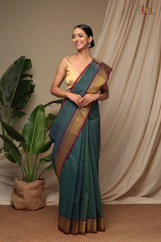 Handloom Emerald Green Pure Cotton saree with Gold Zari Border & Pallu