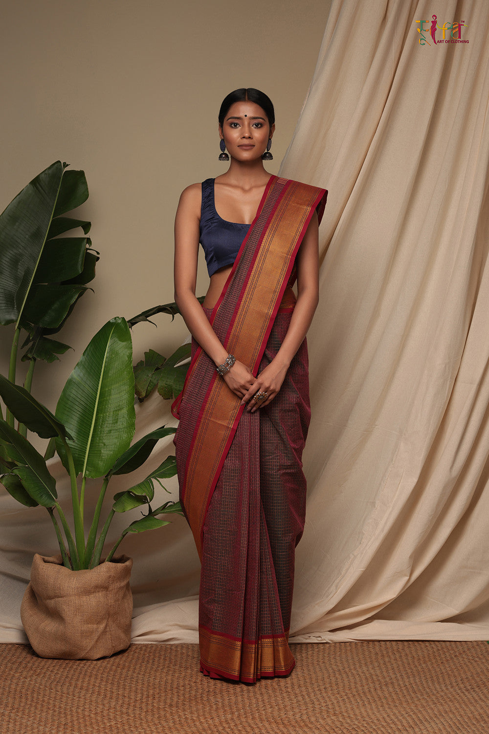 Handloom Wine Pure Cotton Saree With Gold Zari Border & Pallu