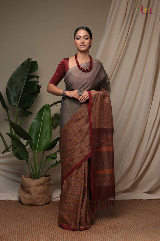 Handloom Smoke Grey & Maroon pure Cotton Kanchi Saree