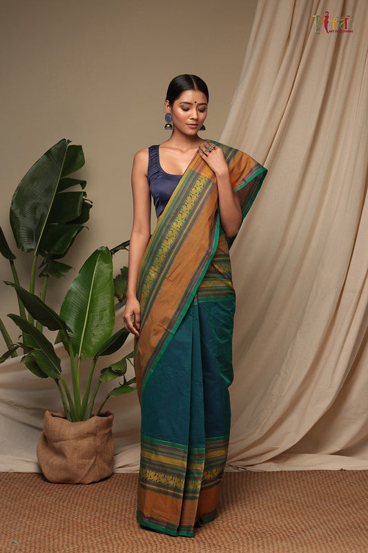 Handloom Blue Green Pure Cotton Kanchi Saree With Generous Border