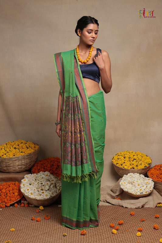 Emerald green pure cotton Kanchi Saree