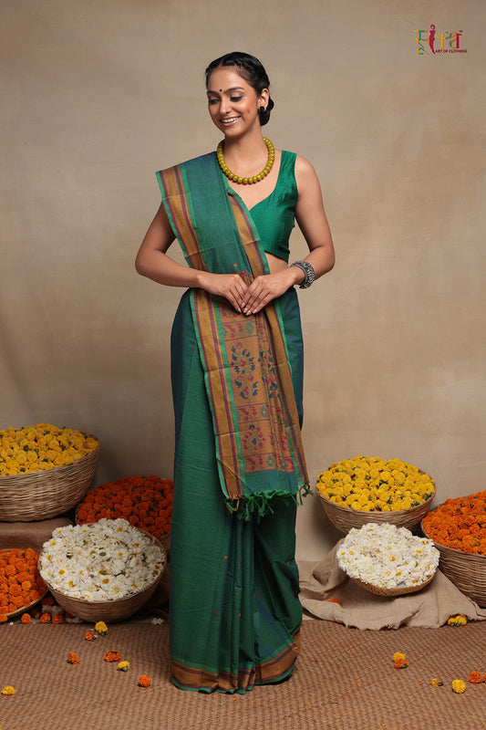 Leaf Green Handloom Pure Cotton Kanchi Saree