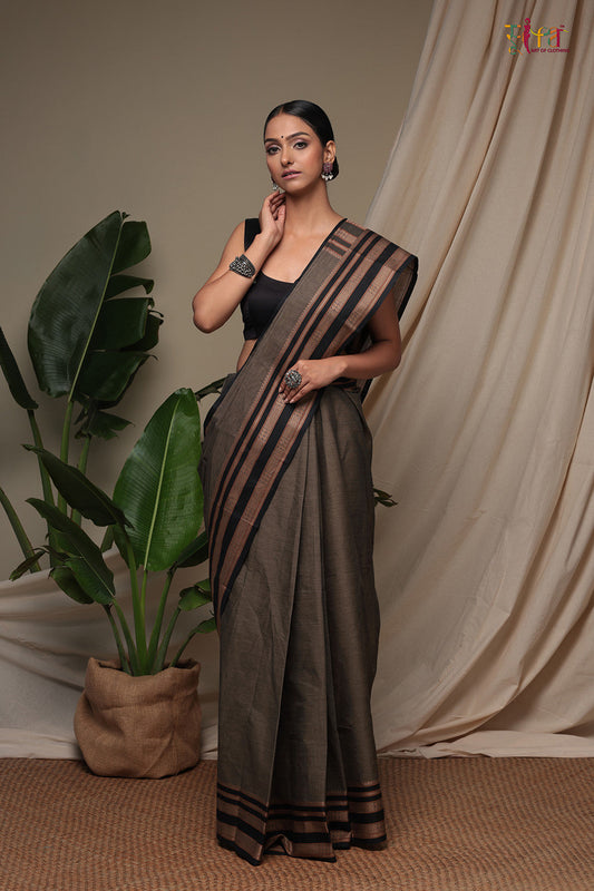 Handloom Mocha Brown Pure Cotton Kanchi Saree