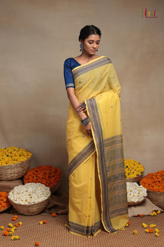 Handloom Daffodil Yellow Pure Cotton Kanchi Saree