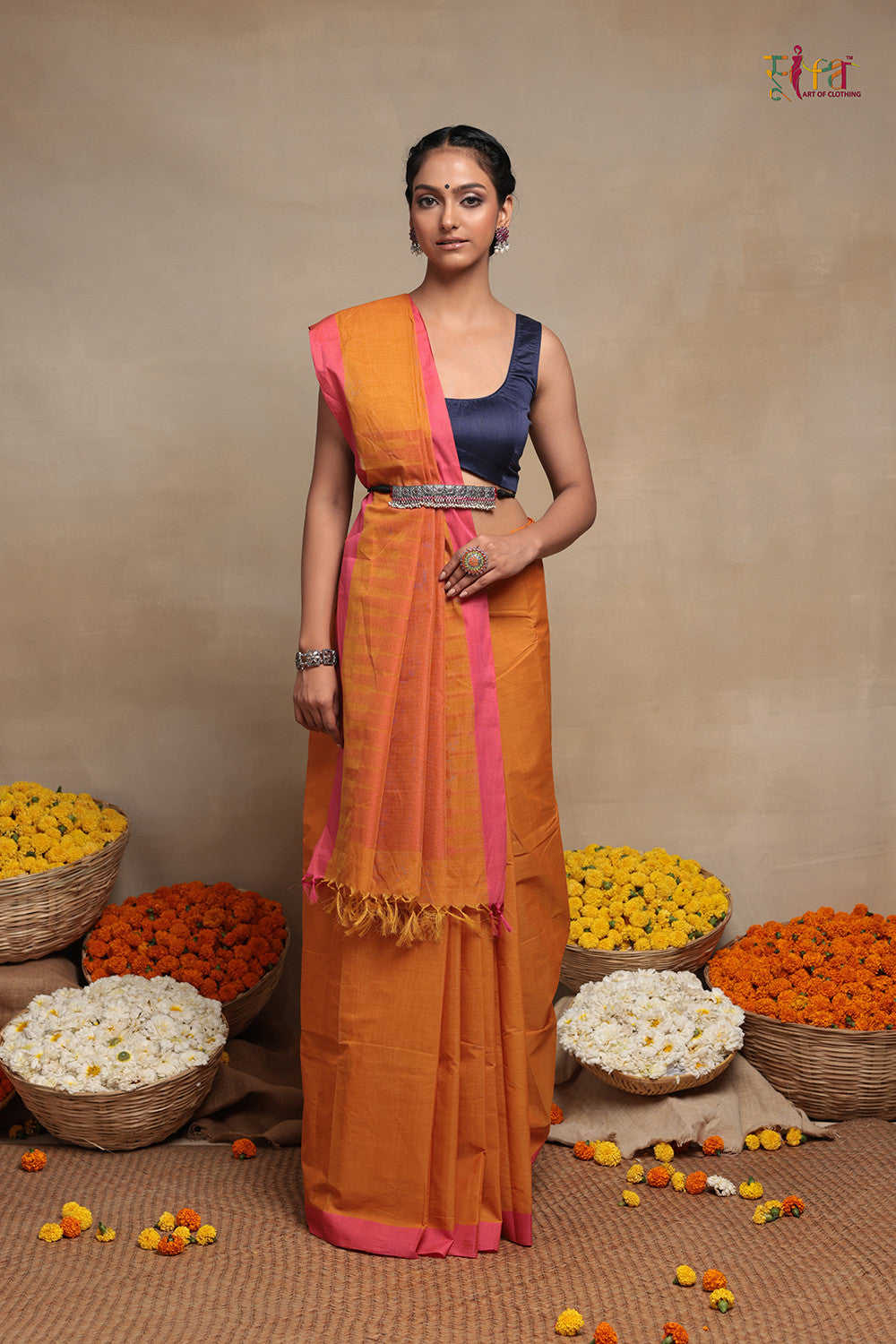 Handloom Mango Tango Orange Kanchi Cotton Saree