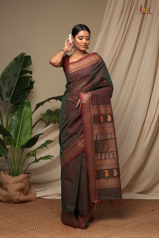 Handloom Duo Tone Avocado Green Pure Cotton Kanchi Saree