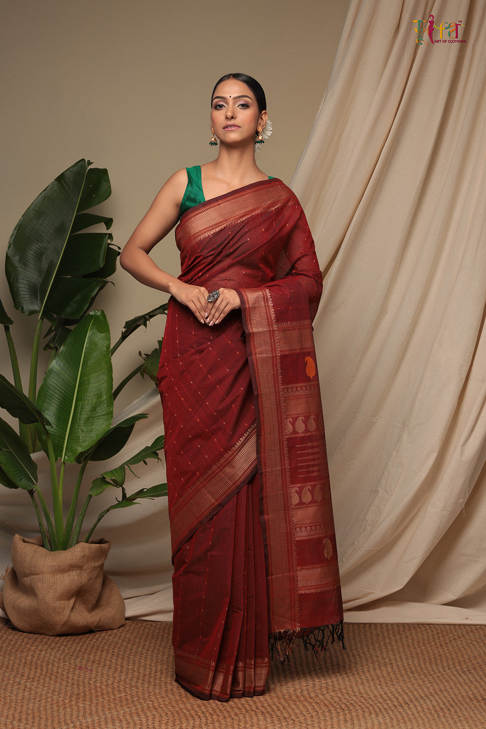 Handloom Maroon Pure Cotton Kanchi Saree