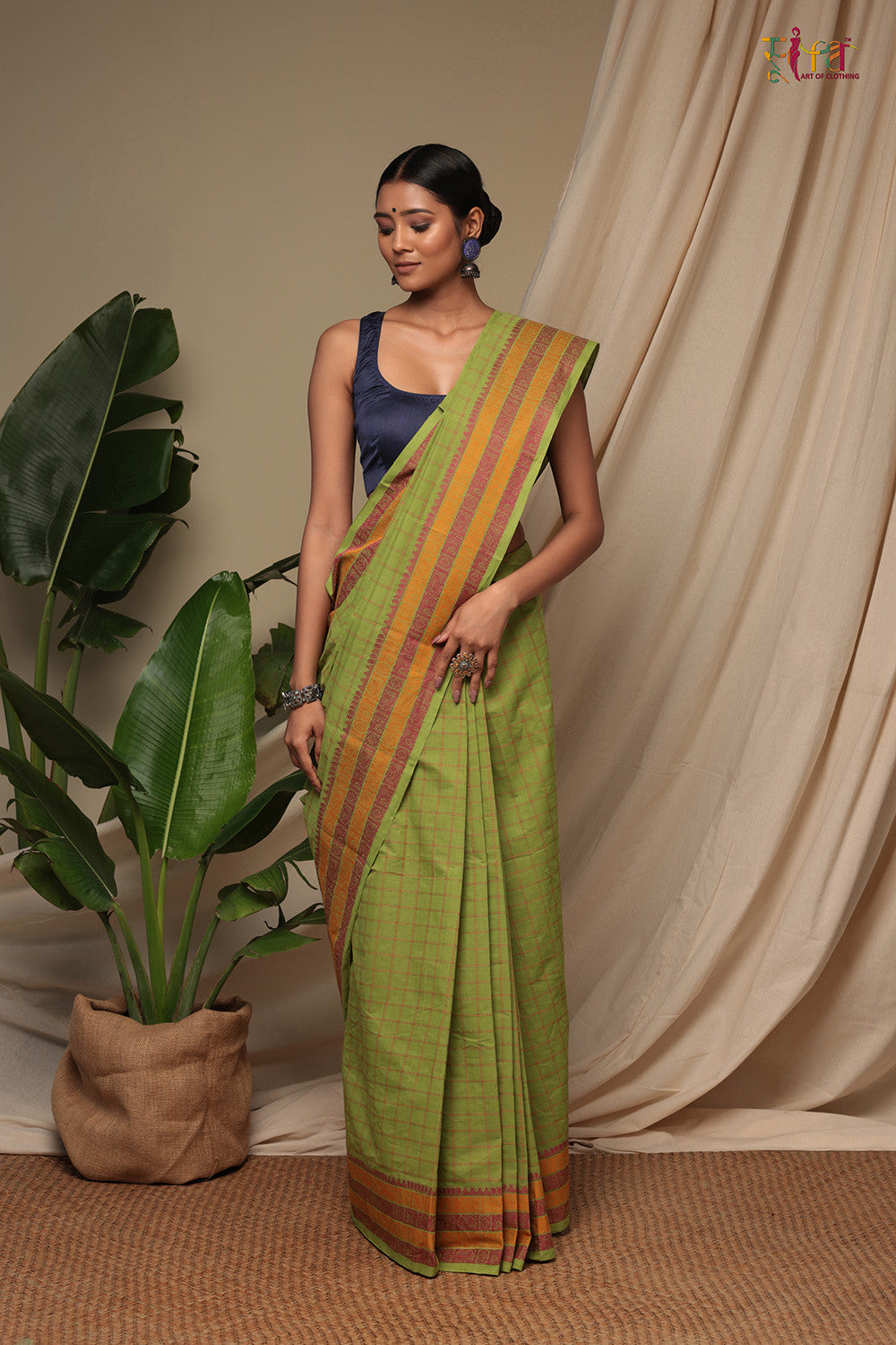 Handloom Parrot Green Pure Cotton Kanchi Saree With Generous Border