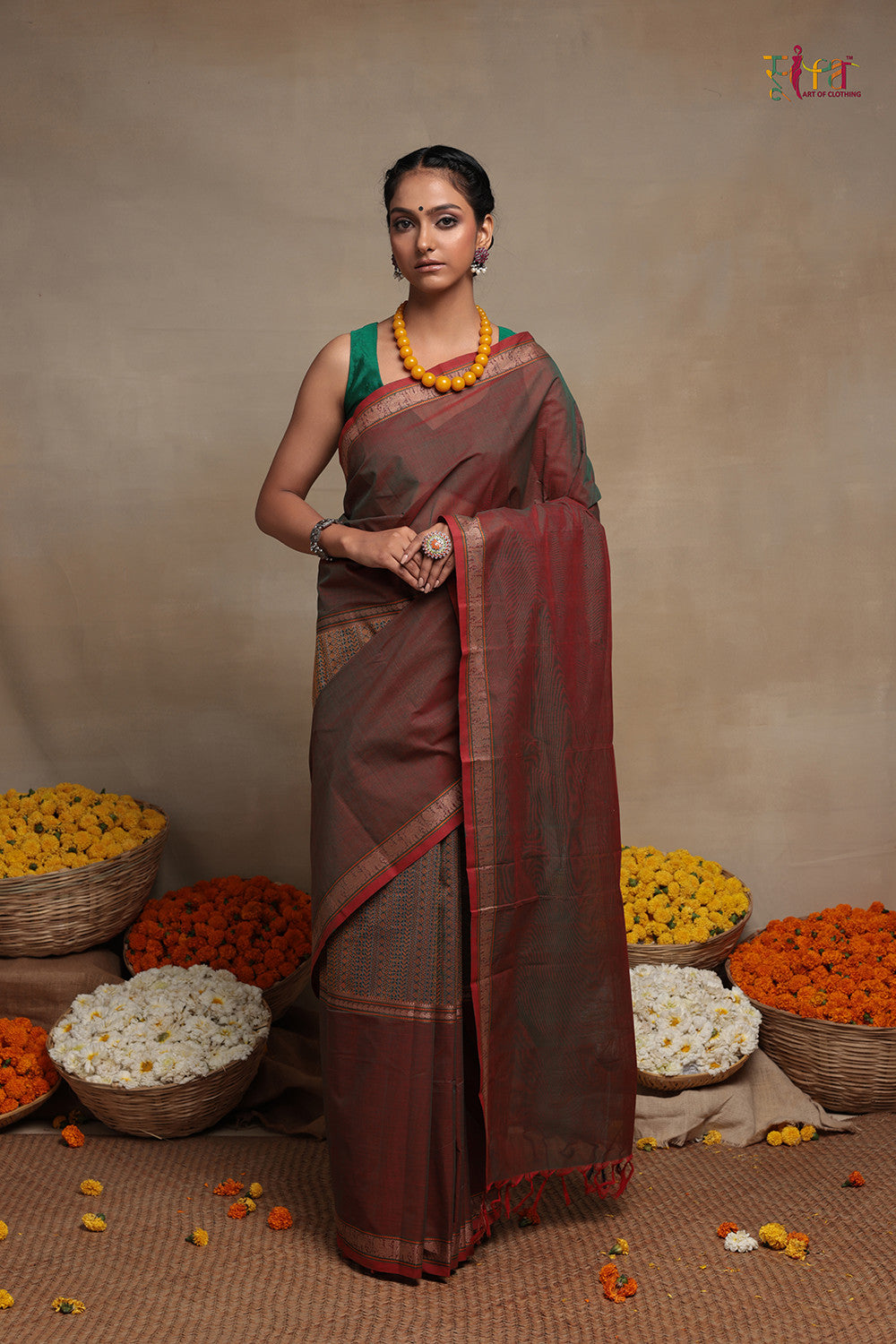 Handloom Red Brown Pure Cotton Kanchi Saree