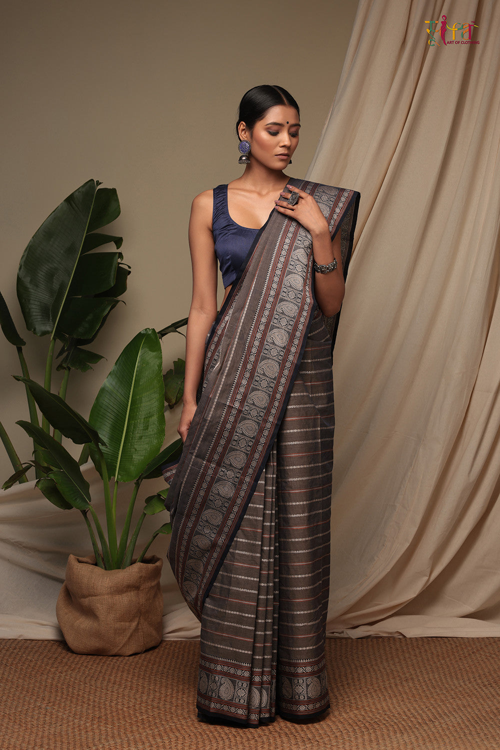 Handloom Ash Grey Pure Cotton Kanchi Saree