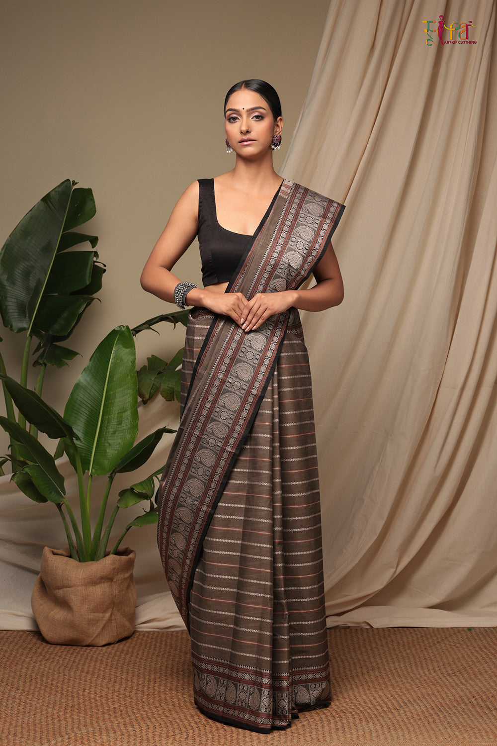 Handloom Fossil Grey Pure Cotton Kanchi Saree