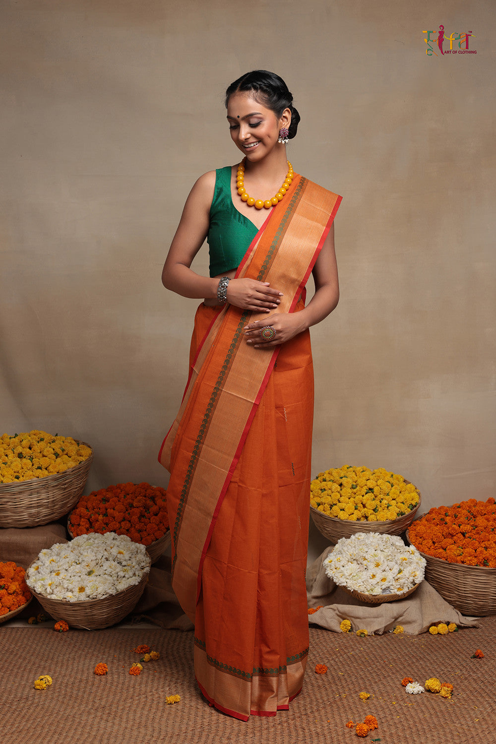 Handloom Orange Pure Cotton Kanchi  Saree