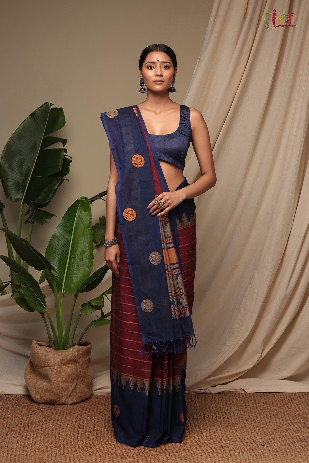 Handloom Cherry Red & Royal Blue Pure Cotton Kanchi Saree